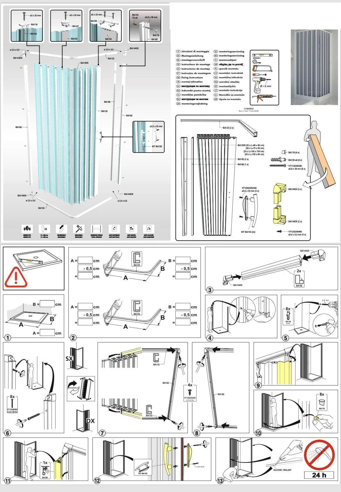 FLEXdoûr PVC Shower Door with Side Opening 1850mm Height x Reducible Width