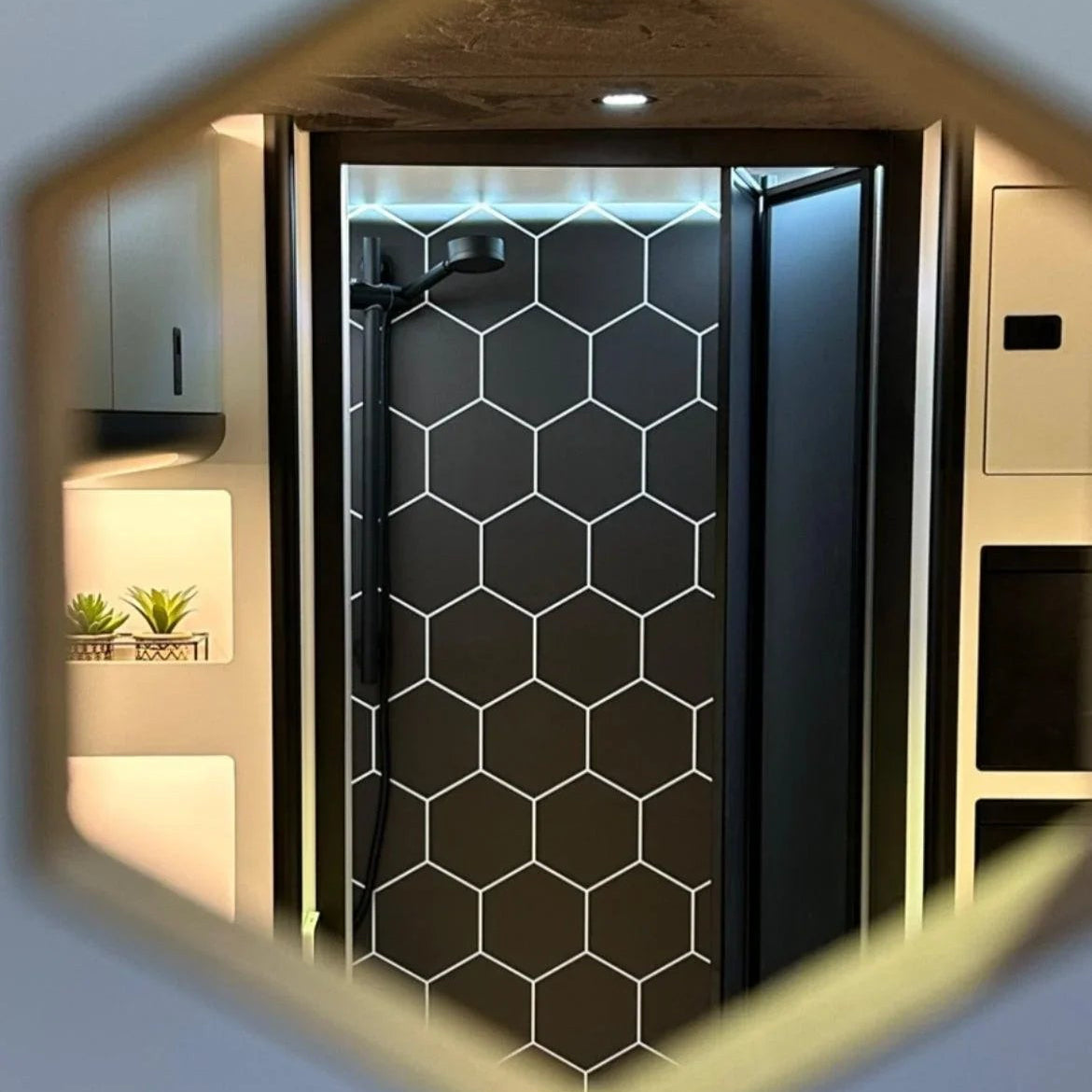 Black FOLdoûr Bi Fold Accordion Aluminium Frame Black Frosted Acrylic Shower Screen Door Designed for a Campervan - THEdoûr Bespoke