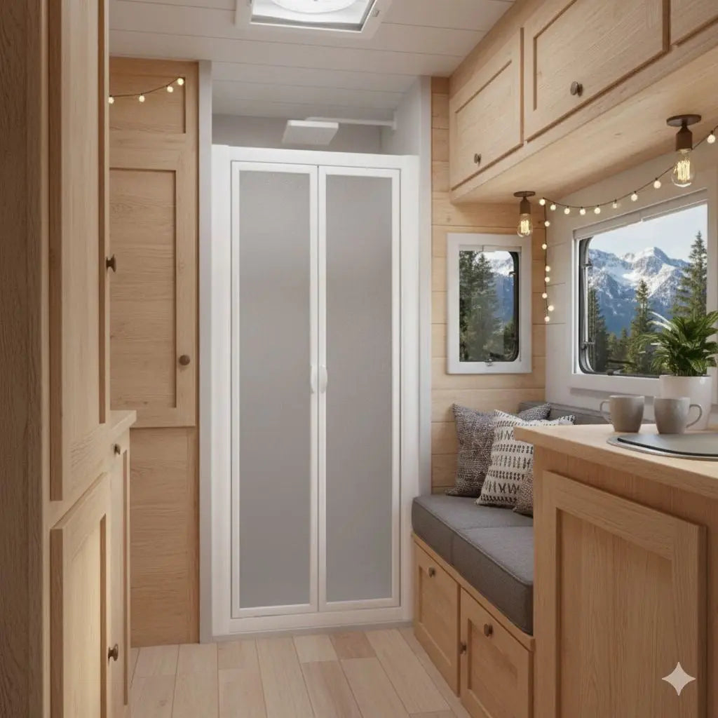 SAFEdour (ZERO Glass) Saloon Opening Safe Shower Door for Homes, Public Spaces, Campervans & Motorhomes THEdoûr Bespoke