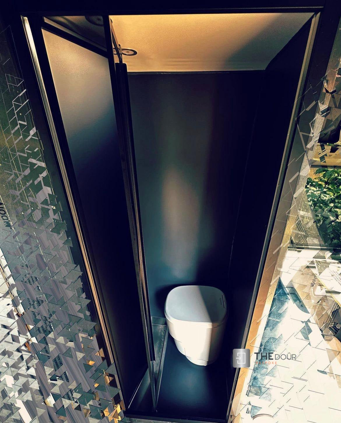 Black FOLdoûr Bi Fold Accordion Aluminium Frame Black Frosted Acrylic Shower Screen Door Designed for a Campervan - THEdoûr Bespoke