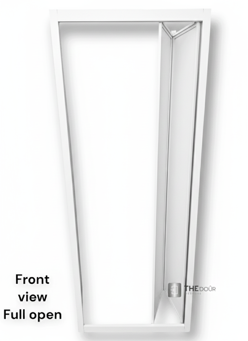 White FOLdoûr Bi Fold Accordion Aluminium Frame Frosted White Acrylic Shower Screen Door Designed for a Campervan