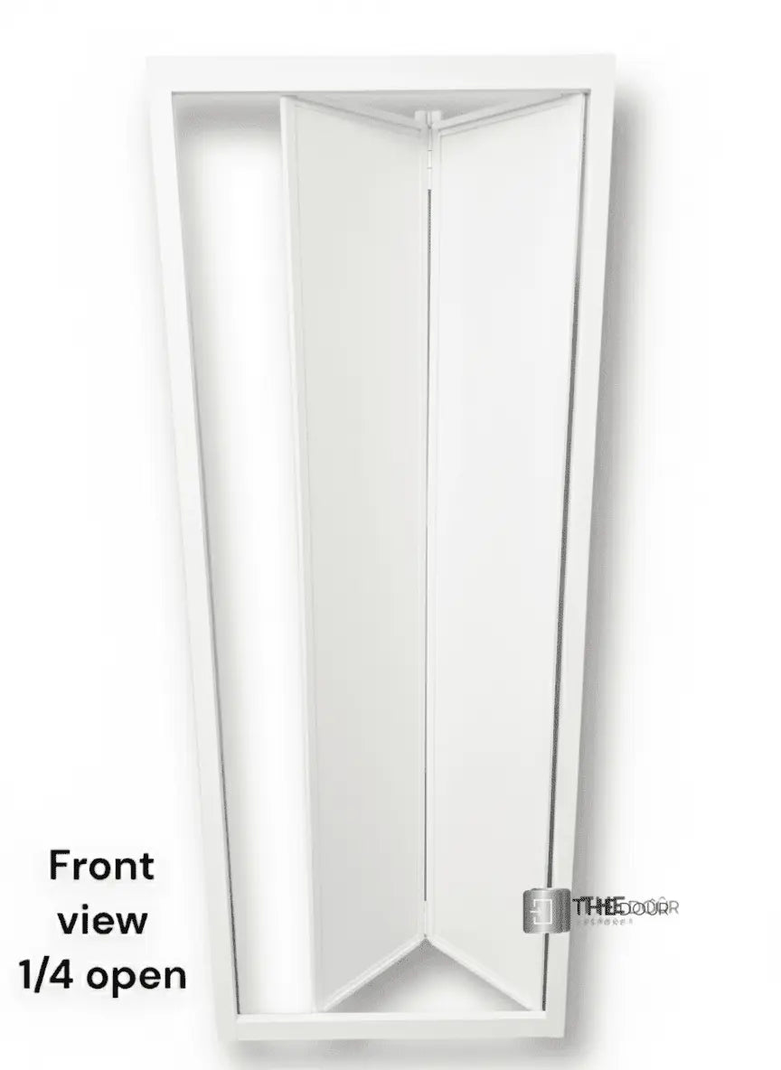 White FOLdoûr Bi Fold Accordion Aluminium Frame Frosted White Acrylic Shower Screen Door Designed for a Campervan FOLdoûr