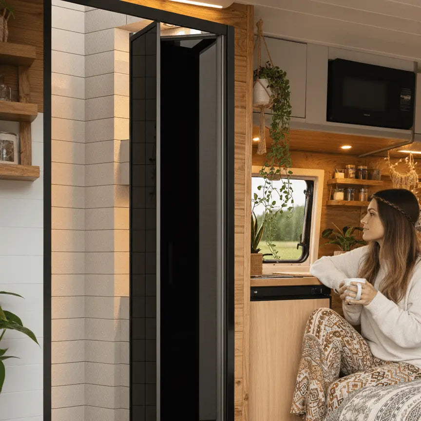 FOLdoûr Bi Fold Accordion Aluminium Frame Frosted Acrylic Shower Screen Door Designed for a Campervan FOLdoûr