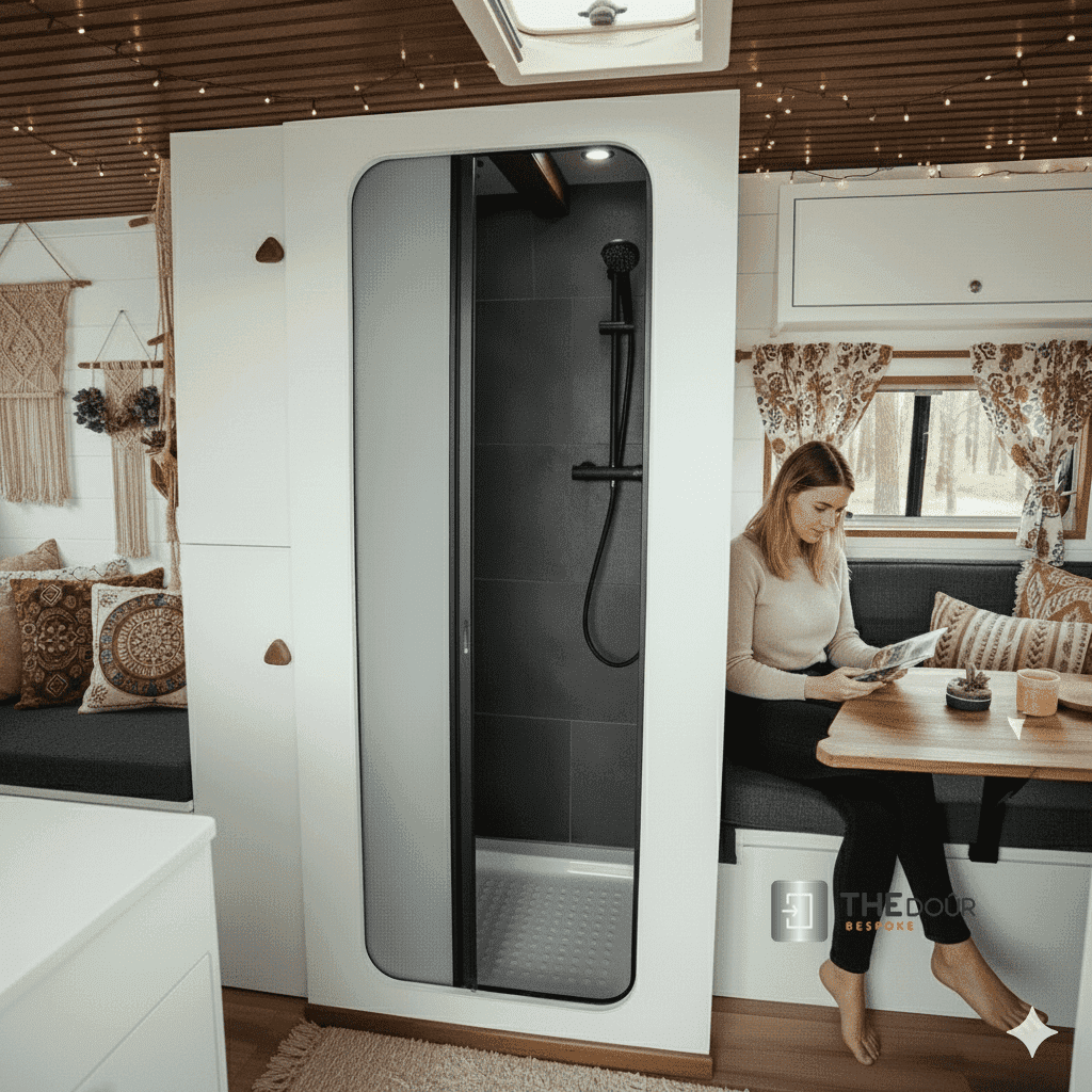 ROLdour أسود لامع قابل للسحب كامبرفان مقاوم للماء ، طقم باب دش RV بديل تامبور