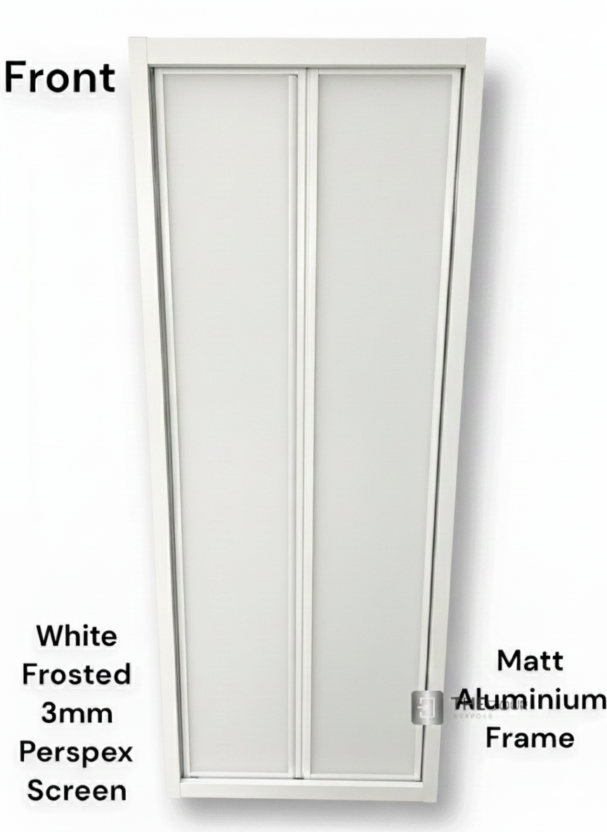 White FOLdoûr Bi Fold Accordion Aluminium Frame Frosted White Acrylic Shower Screen Door Designed for a Campervan