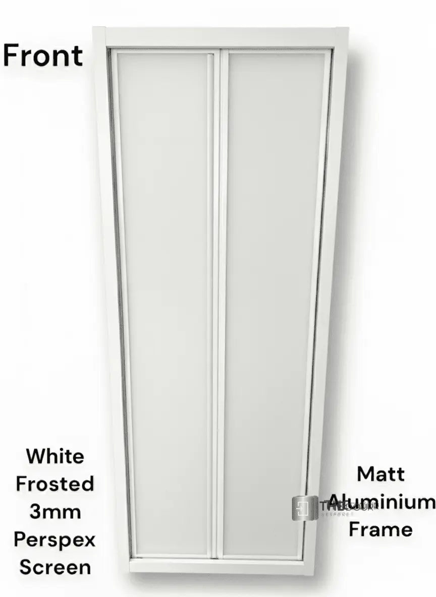 White FOLdoûr Bi Fold Accordion Aluminium Frame Frosted White Acrylic Shower Screen Door Designed for a Campervan FOLdoûr