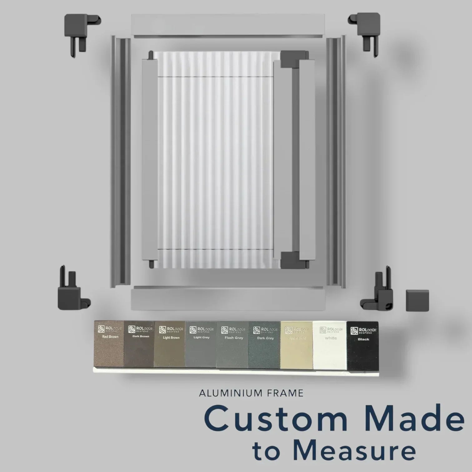 ROLdour – Maßanfertigung. Bestellen Sie jede Patronenlänge in mm bis max. 2000 mm x jede Schienenlänge in mm bis max. 1000 mm (Gesamtgröße bis zu den Außenkanten des Rahmens).