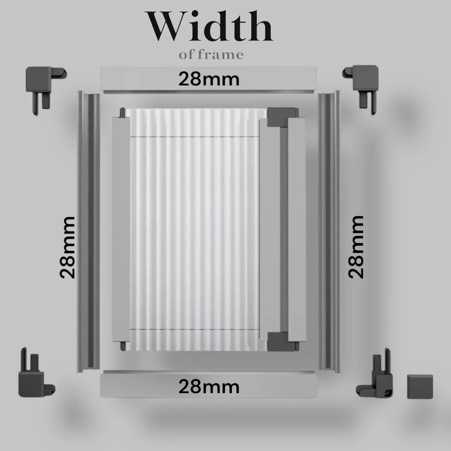 ROLdour – Maßanfertigung. Bestellen Sie jede Patronenlänge in mm bis max. 2000 mm x jede Schienenlänge in mm bis max. 1000 mm (Gesamtgröße bis zu den Außenkanten des Rahmens).