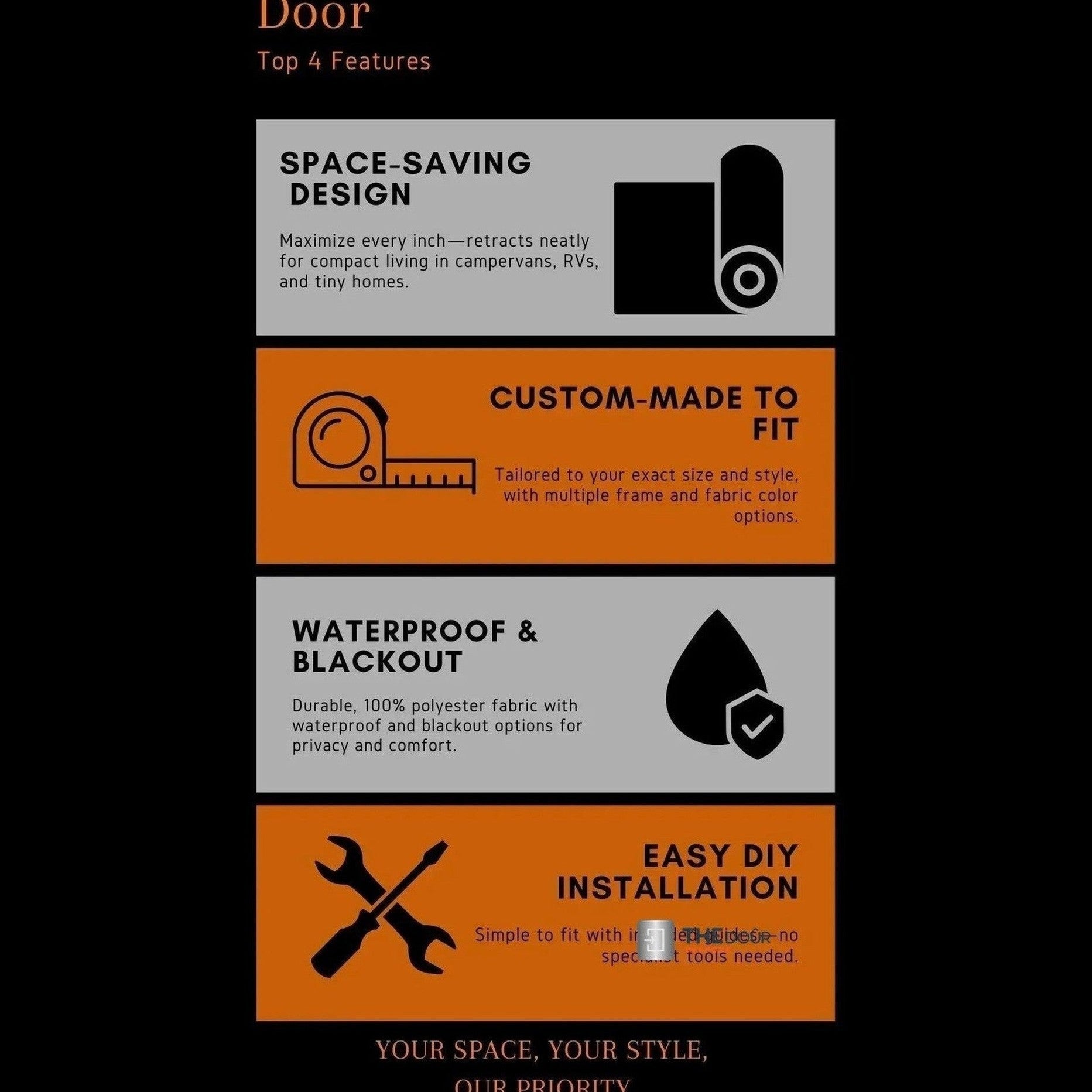 ROLdour Gloss Black Intrekbare waterdichte camper, RV Douchedeur kit Tambour Alternative