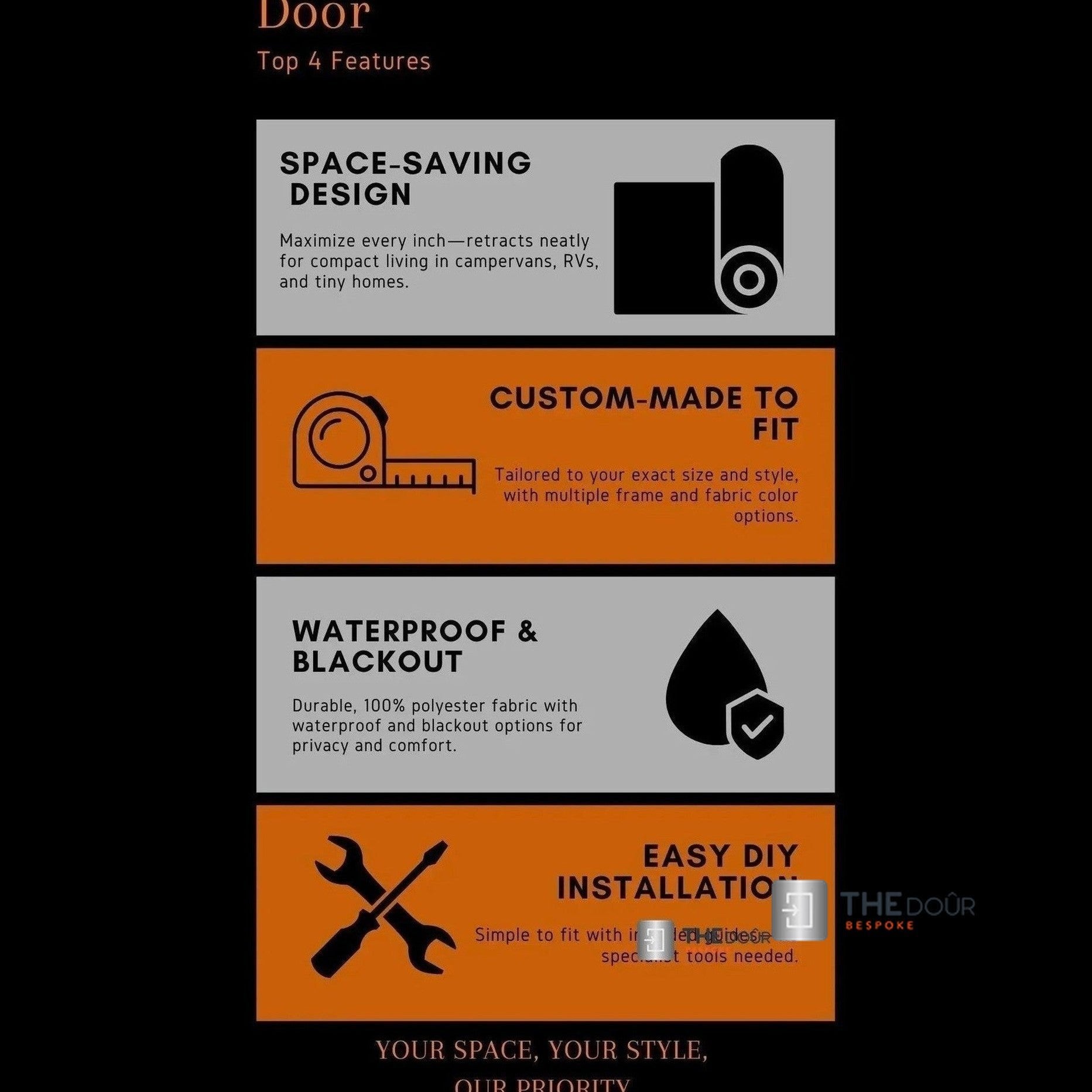 ROLdour أسود لامع قابل للسحب كامبرفان مقاوم للماء ، طقم باب دش RV بديل تامبور