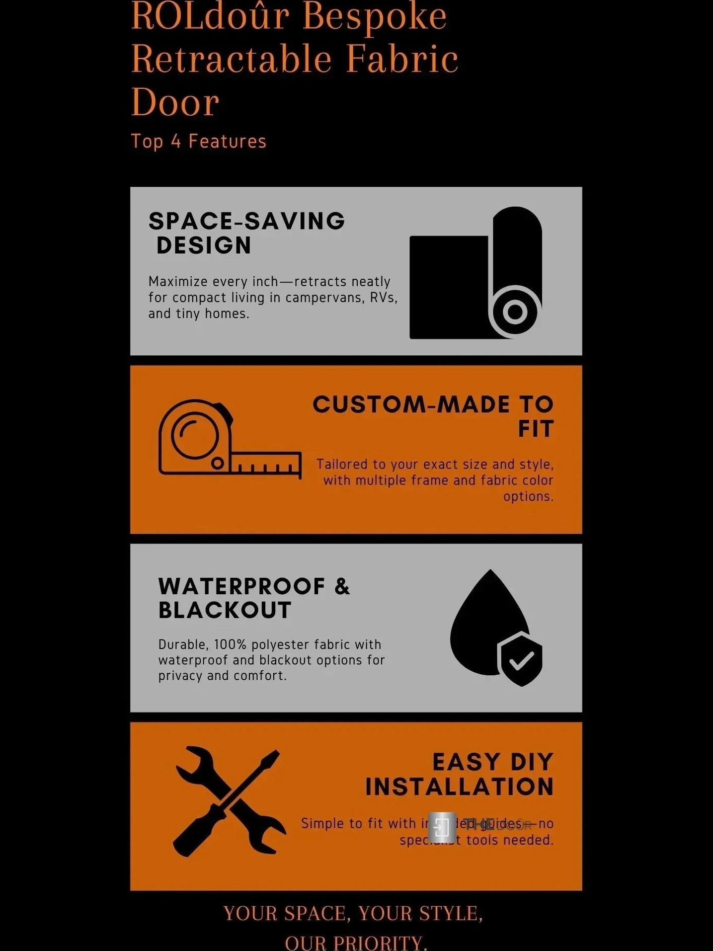 ROLdour Campervan / RV Shower Door PRE MADE 1750mm Tall x 1000mm Self Cut Width