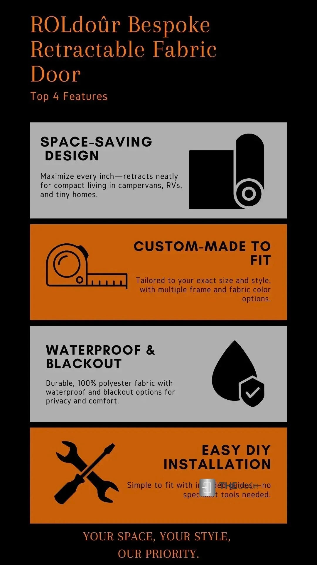 ROLdour Gloss Black Intrekbare waterdichte camper, RV Douchedeur kit Tambour Alternative