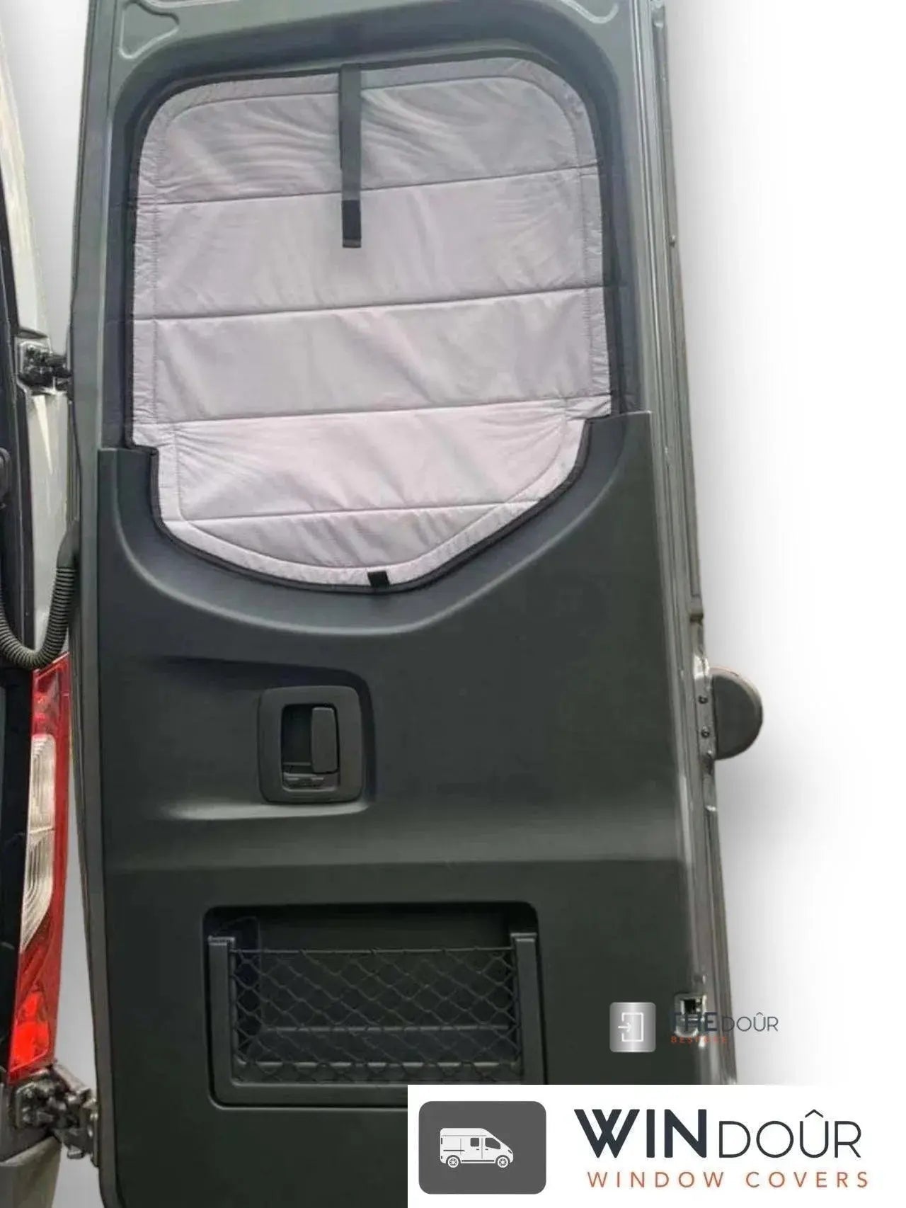 WINdoûr insulated Blackout Covers with Large Net Storage Pocket. Window Covers for Sprinter Rear Doors THEdoûr Bespoke