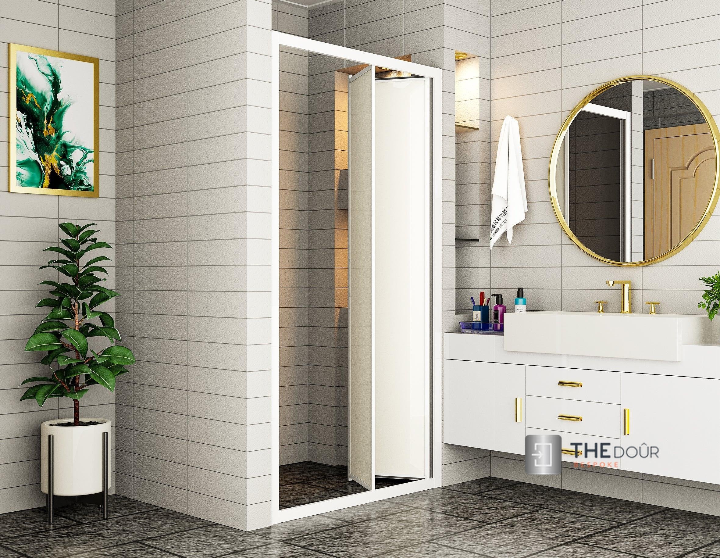 White FOLdoûr Bi Fold Accordion Aluminium Frame Frosted White Acrylic Shower Screen Door Designed for a Campervan