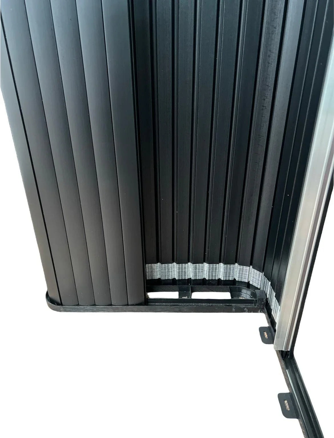 Horizontal Slide Tambour Door Silver kit - 1000mm up to 1600mm tall Spiral track-TAMdour-Black door,Black door black handle,black door white handle,black door with silver handle,Black door with white handle,cupboard door,door,horizontal slide,kitchen door,shower,shower door,Tambour door,Tambour shower door