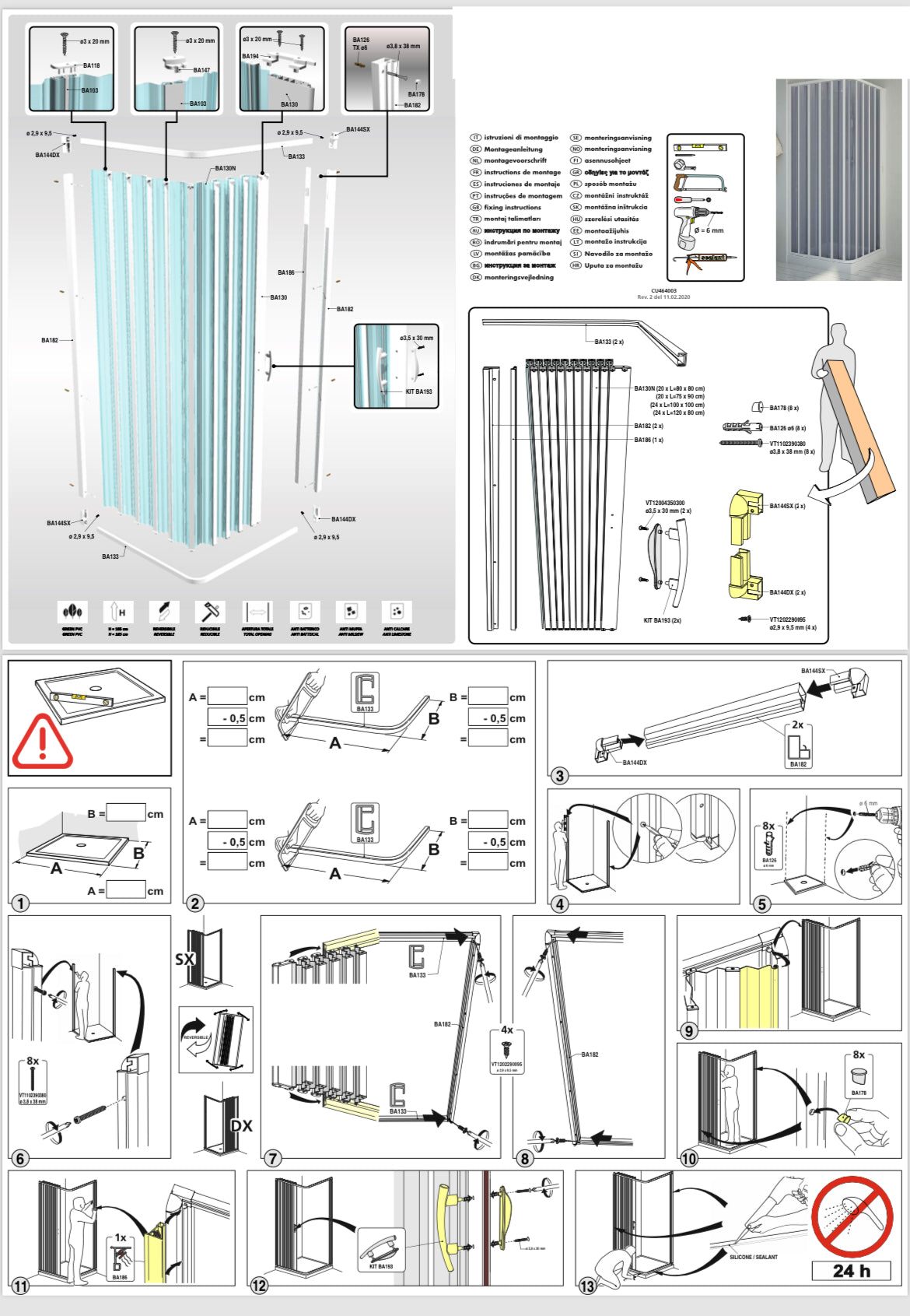 FLEXdoûr Round Folding PVC Shower Enclosure Door with Side Opening 1850mm Height x Various Reducible Width "Made in Italy"