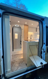 ROLdour Campervan / RV Shower Door - Custom Made to the MM Choose from 1600mm to 1799mm Tall x 500mm up to 1000mm Wide Frame. Various Colour Frames & Fabrics