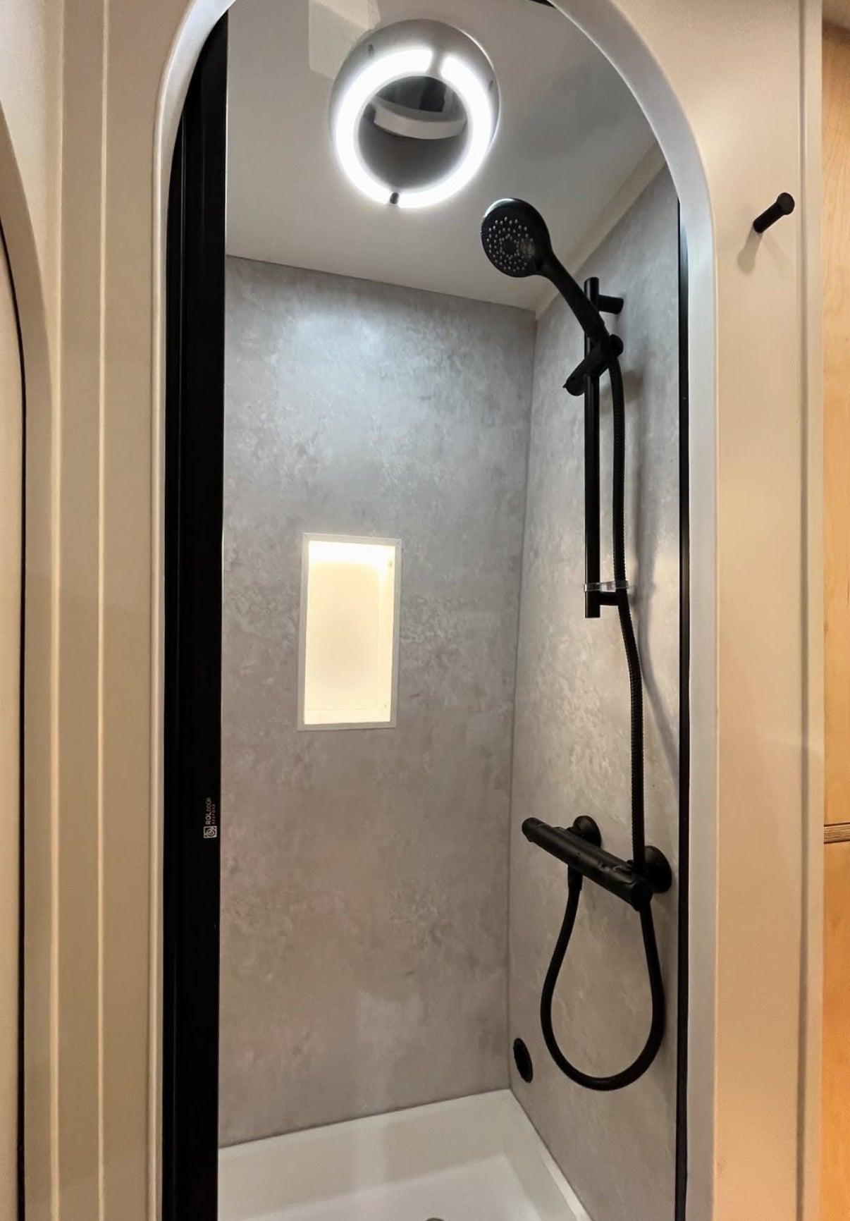 ROLdour Campervan / RV Shower Door - Custom Made to the MM Choose from 1600mm to 1799mm Tall x 500mm up to 1000mm Wide Frame. Various Colour Frames & Fabrics