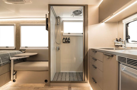 ROLdour Campervan impermeable retráctil marrón claro, kit de puerta de ducha RV Tambour Alternative