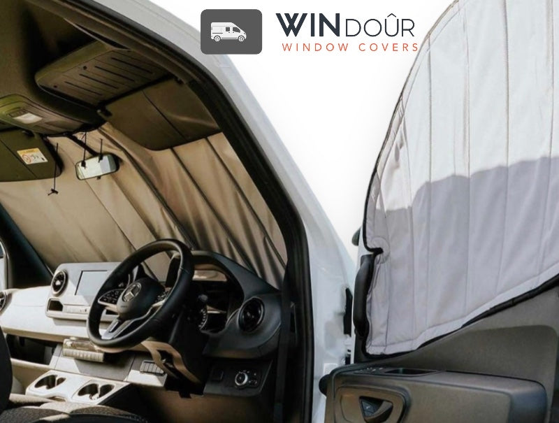 Load image into Gallery viewer, WINdoûr Insulated ￼Magnetic Window Covers for All Sprinter Models, A Pair of ￼Blackout Covers with added Mosquito Nets for Driver &amp; Passenger side Doors.
