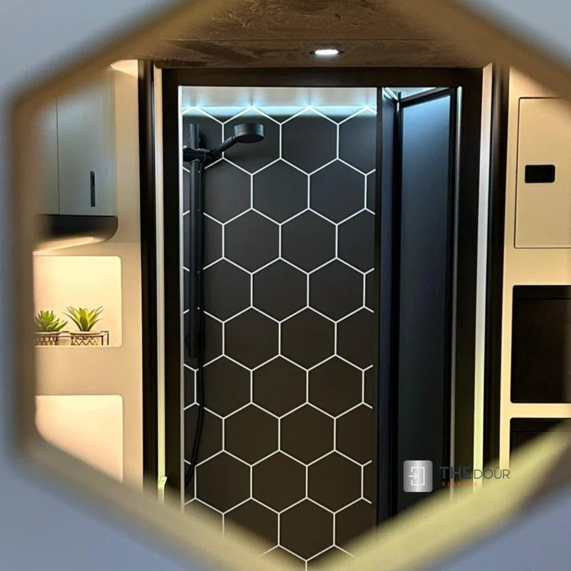 Black FOLdoûr Bi Fold Accordion Aluminium Frame Black Frosted Acrylic Shower Screen Door Designed for a Campervan - THEdoûr Bespoke 