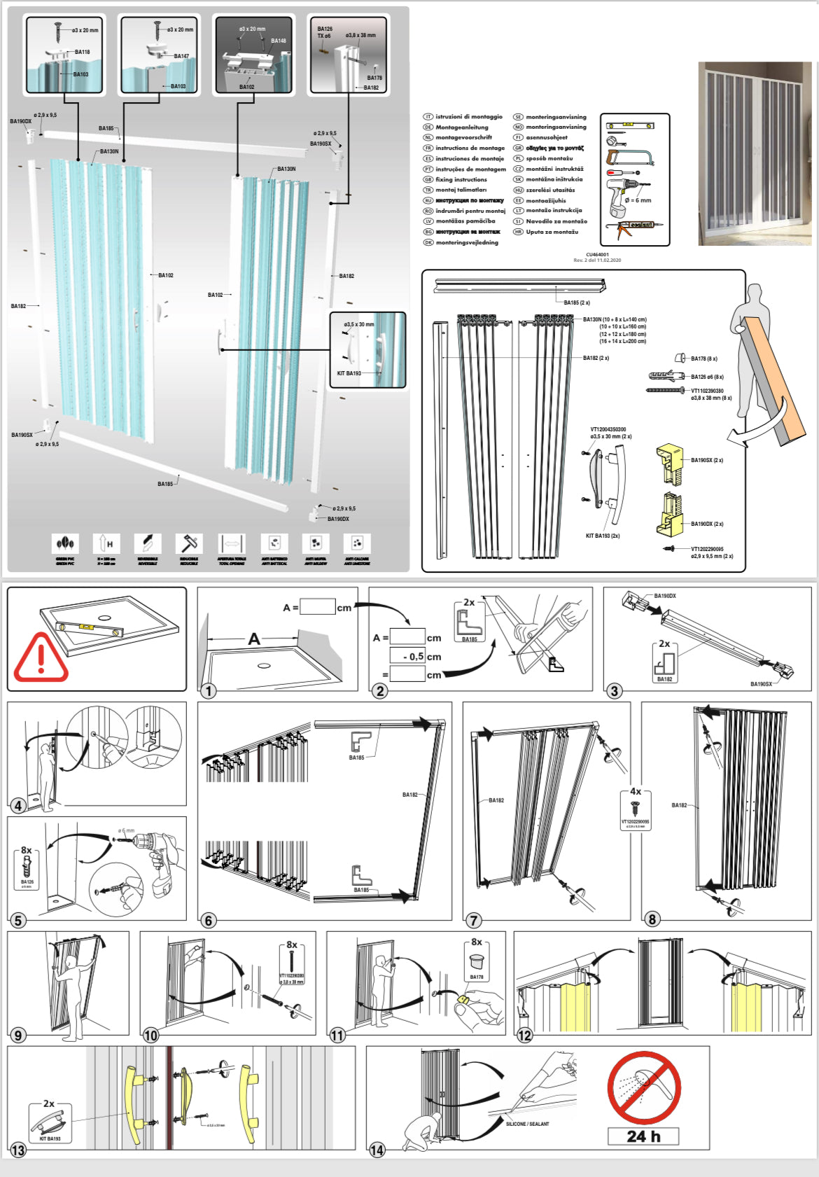 FLEXdoûr Folding PVC Shower Enclosure Doors Central Opening 1850mm Height x Various Reducible Width "Made in Italy"