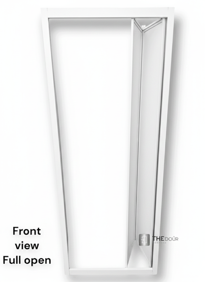 White FOLdoûr Bi Fold Accordion Aluminium Frame Frosted White Acrylic Shower Screen Door Designed for a Campervan