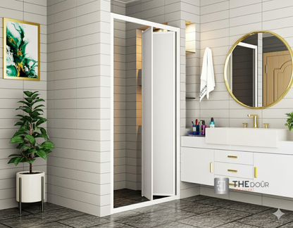 White FOLdoûr Bi Fold Accordion Aluminium Frame Frosted White Acrylic Shower Screen Door Designed for a Campervan