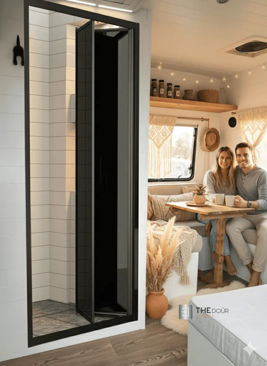FOLdoûr Bi Fold Accordion Aluminium Frame Frosted Acrylic Shower Screen Door Designed for a Campervan FOLdoûr