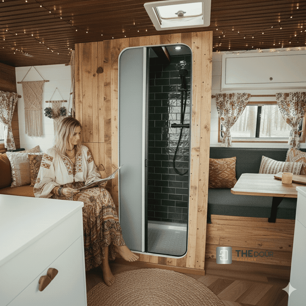 ROLdour أسود لامع قابل للسحب كامبرفان مقاوم للماء ، طقم باب دش RV بديل تامبور