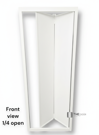 White FOLdoûr Bi Fold Accordion Aluminium Frame Frosted White Acrylic Shower Screen Door Designed for a Campervan