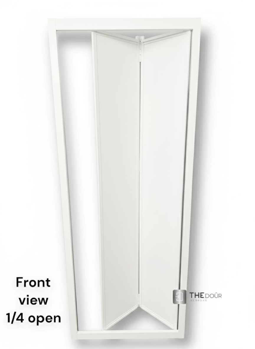 White FOLdoûr Bi Fold Accordion Aluminium Frame Frosted White Acrylic Shower Screen Door Designed for a Campervan