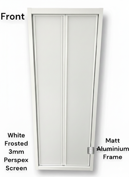 White FOLdoûr Bi Fold Accordion Aluminium Frame Frosted White Acrylic Shower Screen Door Designed for a Campervan