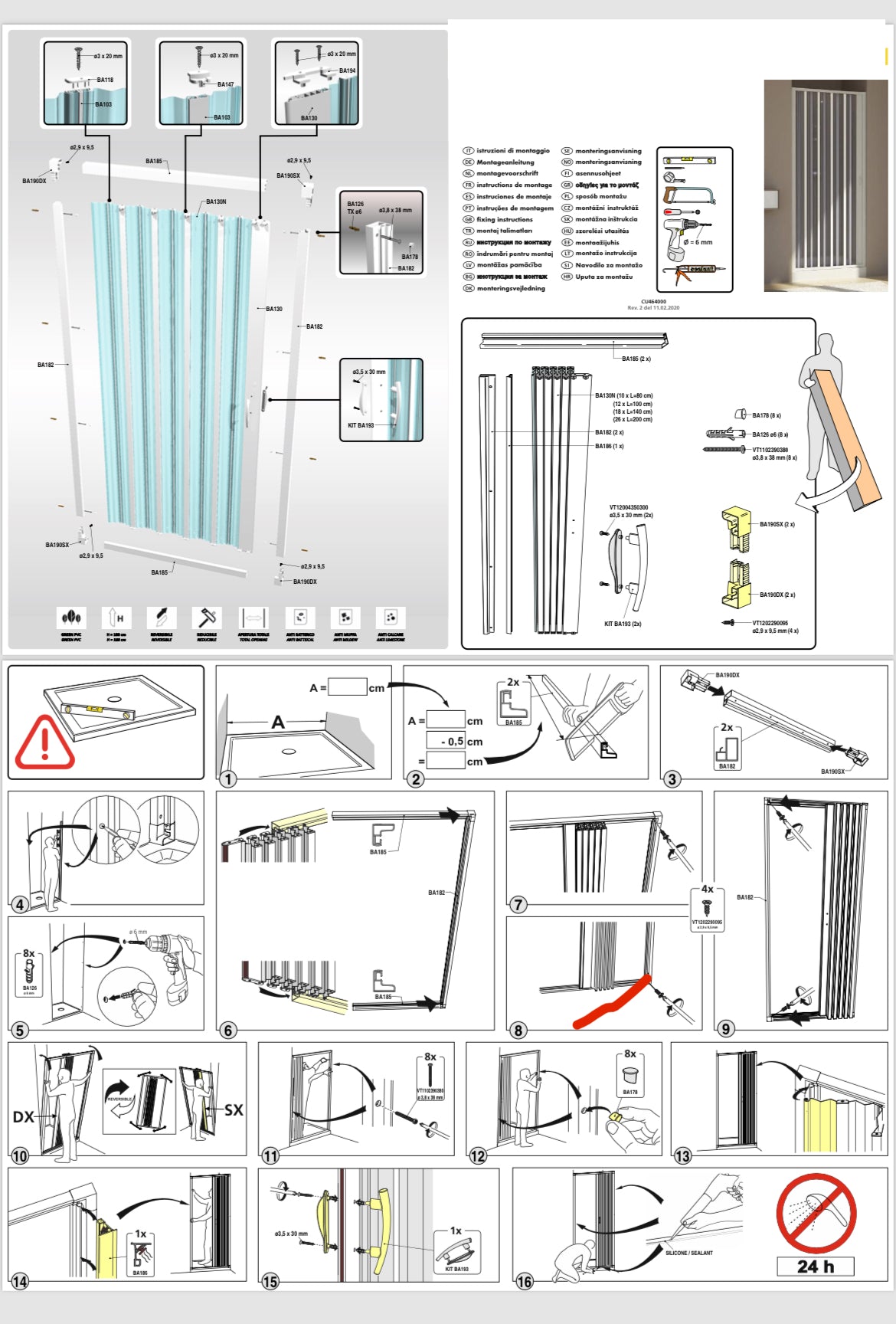 FLEXdoûr Folding PVC Bath Enclosure Doors - Side Opening, 1500mm Height x 1700mm Width (Adjustable to 1400mm) | Made in Italy