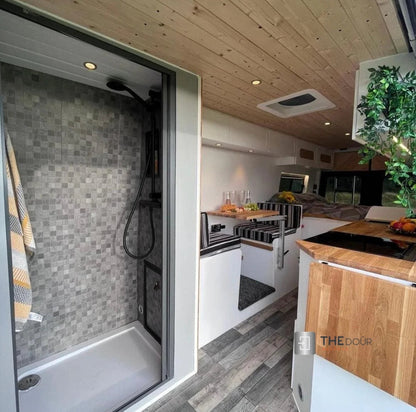 ROLdour Duschtür-Set, glänzend schwarz, einziehbar, wasserdicht, für Wohnmobile und Wohnmobile, Tambour-Alternative