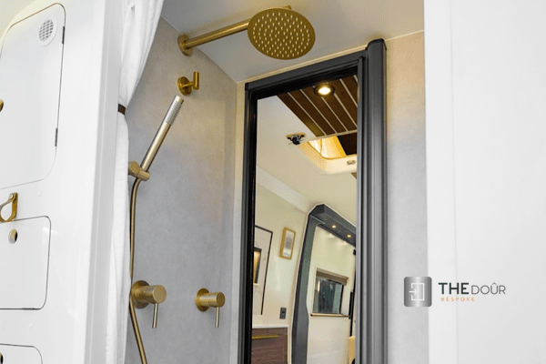 ROLdour Duschtür-Set, glänzend schwarz, einziehbar, wasserdicht, für Wohnmobile und Wohnmobile, Tambour-Alternative