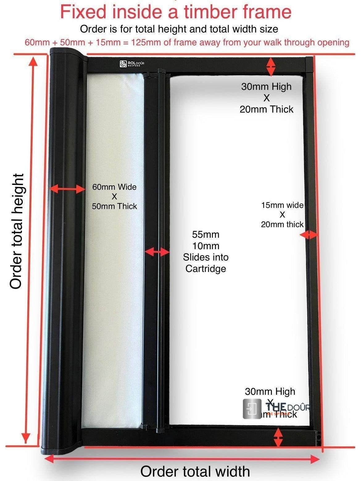 ROLdour – Maßanfertigung. Bestellen Sie jede Patronenlänge in mm bis max. 2000 mm x jede Schienenlänge in mm bis max. 1000 mm (Gesamtgröße bis zu den Außenkanten des Rahmens).