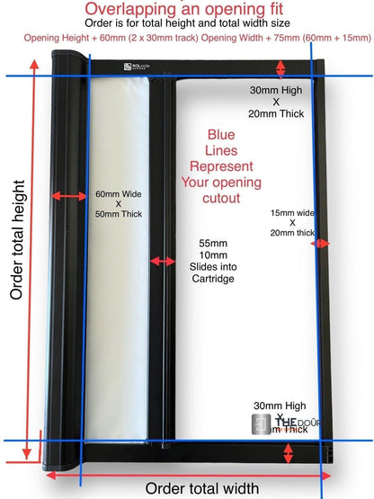 ROLdour – Maßanfertigung. Bestellen Sie jede Patronenlänge in mm bis max. 2000 mm x jede Schienenlänge in mm bis max. 1000 mm (Gesamtgröße bis zu den Außenkanten des Rahmens).