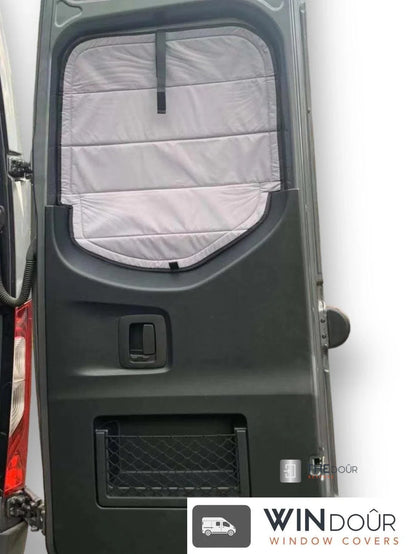 WINdoûr insulated￼ Blackout Covers with Large Net Storage Pocket. Window Covers for Sprinter Rear Doors