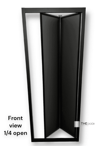 Black FOLdoûr Bi Fold Accordion Aluminium Frame Black Frosted Acrylic Shower Screen Door Designed for a Campervan - THEdoûr Bespoke 