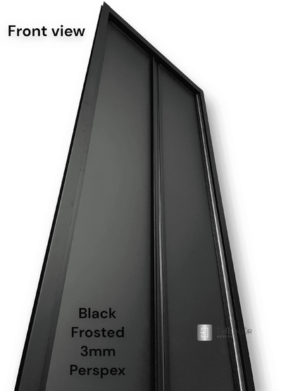 Black FOLdoûr Bi Fold Accordion Aluminium Frame Black Frosted Acrylic Shower Screen Door Designed for a Campervan - THEdoûr Bespoke 