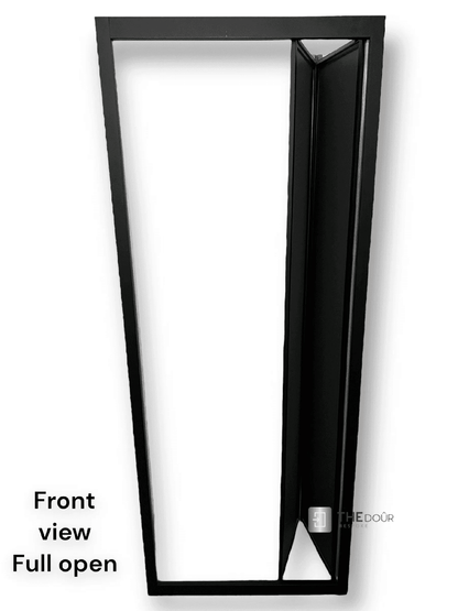 Black FOLdoûr Bi Fold Accordion Aluminium Frame Black Frosted Acrylic Shower Screen Door Designed for a Campervan - THEdoûr Bespoke 