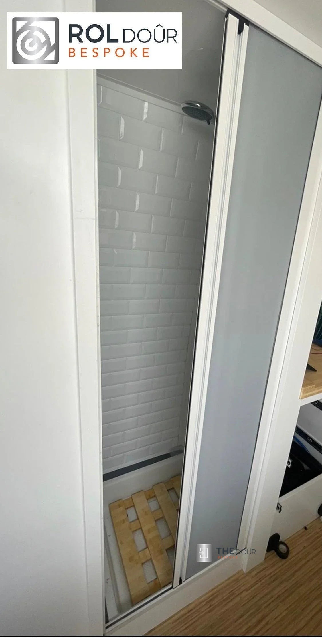 ROLdour Single Retractable door kit - Gloss White frame-TAMdour-Dark grey,door,Drak grey,retractable dark grey door,ROLdour,shower,shower door