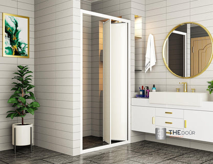 White FOLdoûr Bi Fold Accordion Aluminium Frame Frosted White Acrylic Shower Screen Door Designed for a Campervan