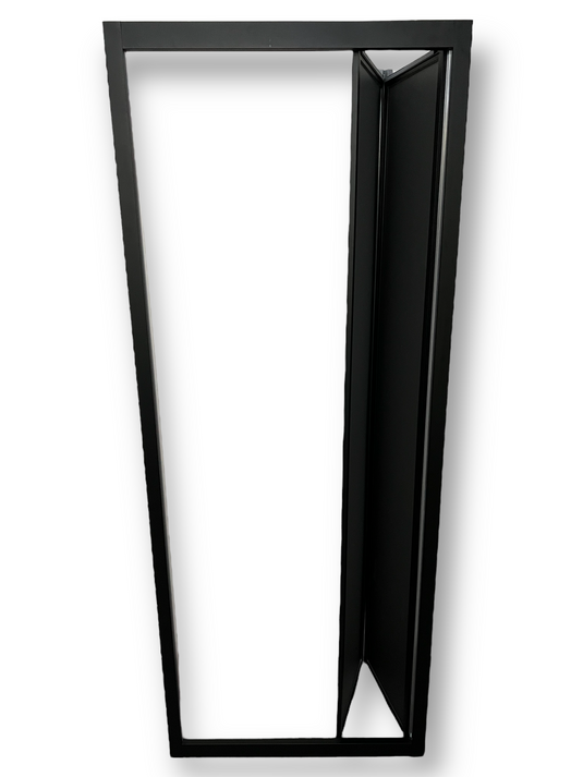 Black FOLdoûr Bi Fold Accordion Aluminium Frame Black Frosted Acrylic Shower Screen Door Designed for a Campervan