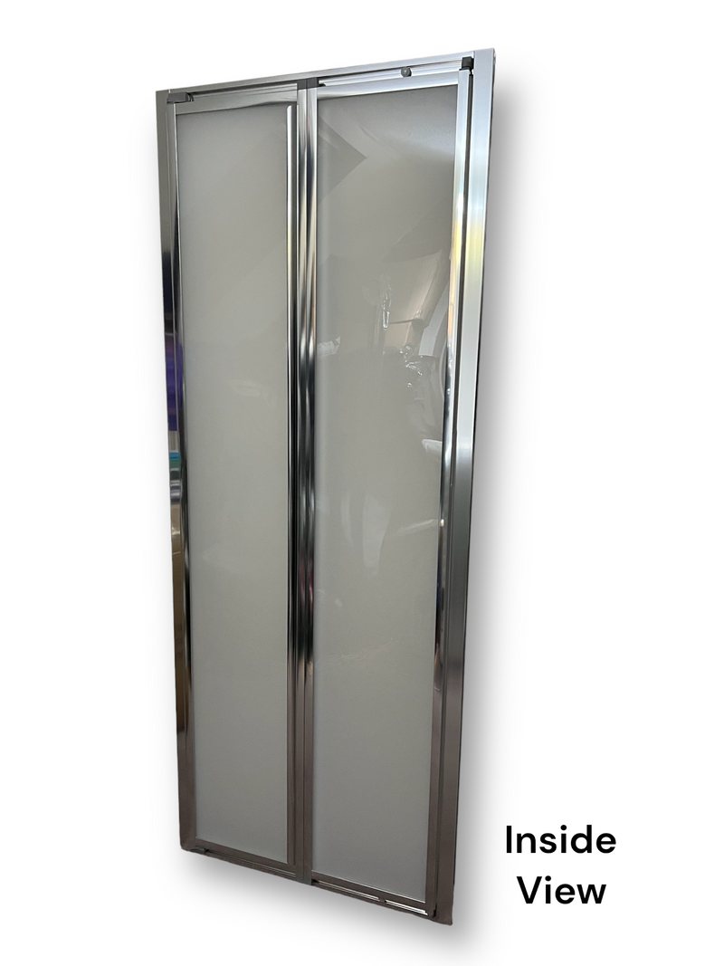 Load image into Gallery viewer, Sale Chrome FOLdoûr Bi Fold Accordion Aluminium Frame, White Frosted Acrylic Shower Screen Door Designed for a Campervan
