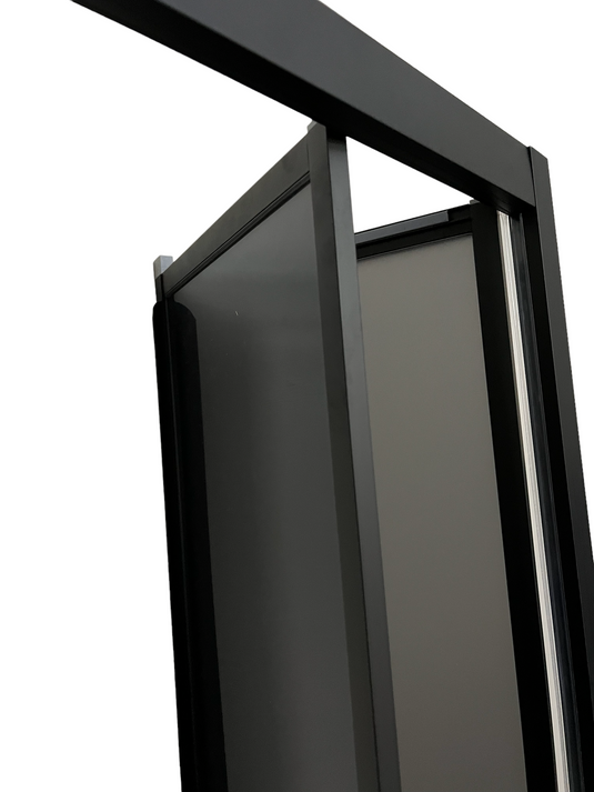 Black FOLdoûr Bi Fold Accordion Aluminium Frame Black Frosted Acrylic Shower Screen Door Designed for a Campervan